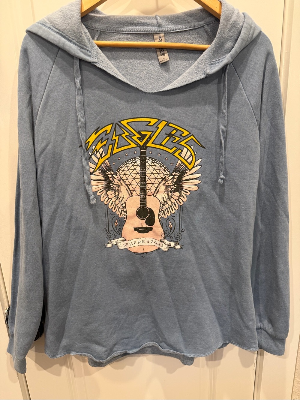 Light Blue Graphic Hooded Women's Sweater with Guitar Eagles Motif